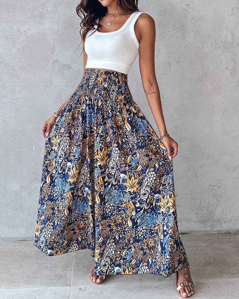 Multi Wide Leg Pants Floral Print Shirred Viscose