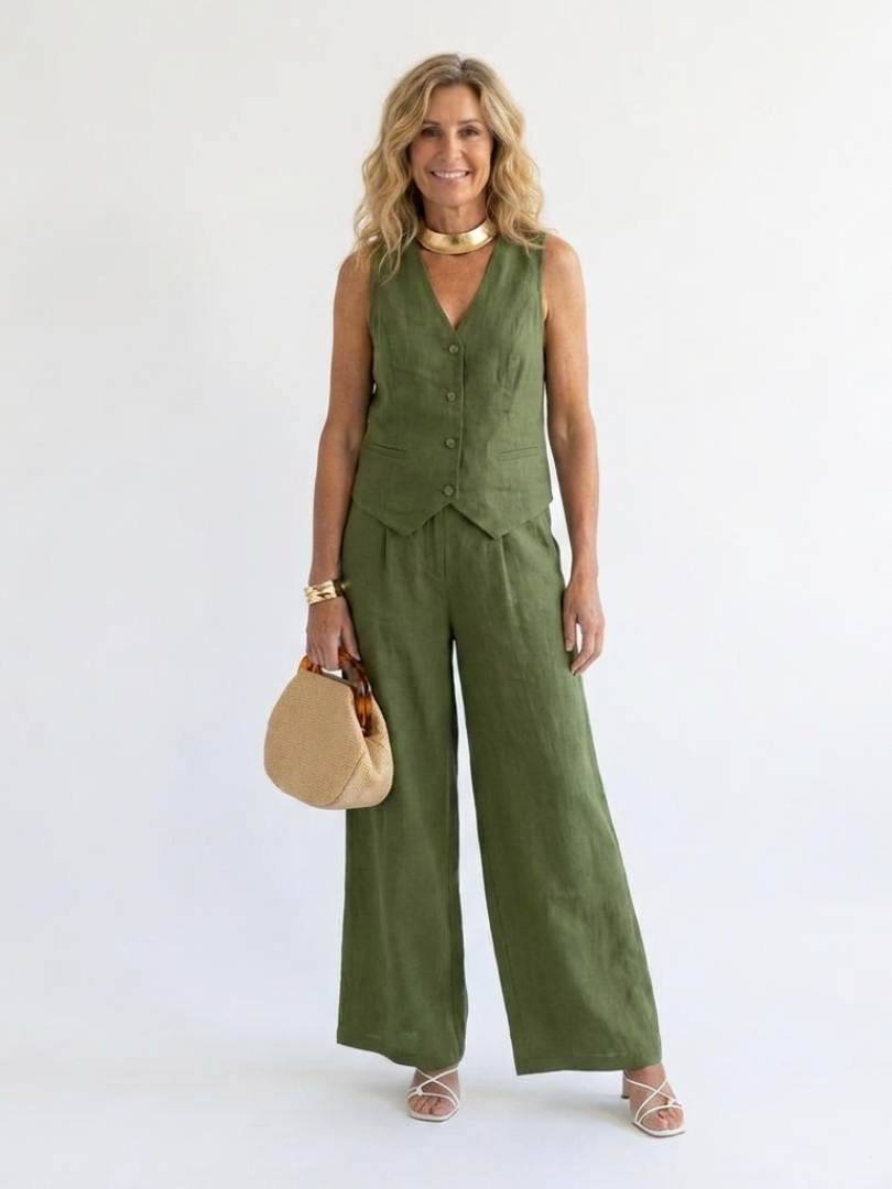 Sleeveless V-Neck Vest and Wide Leg Pants Two Piece Set