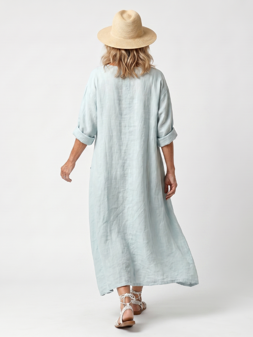 Ornate Medallion Print V-Neck Long Sleeve Linen Look Maxi Dress