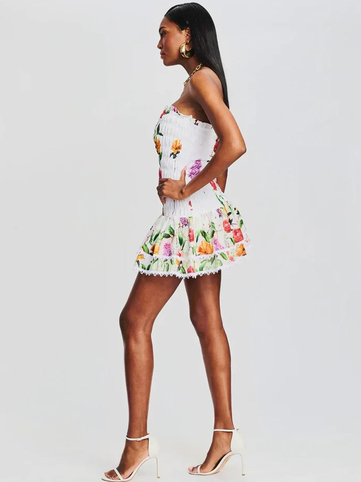 Floral Print Strapless Smocked Lace Trim Ruffle Hem Mini Dress 5