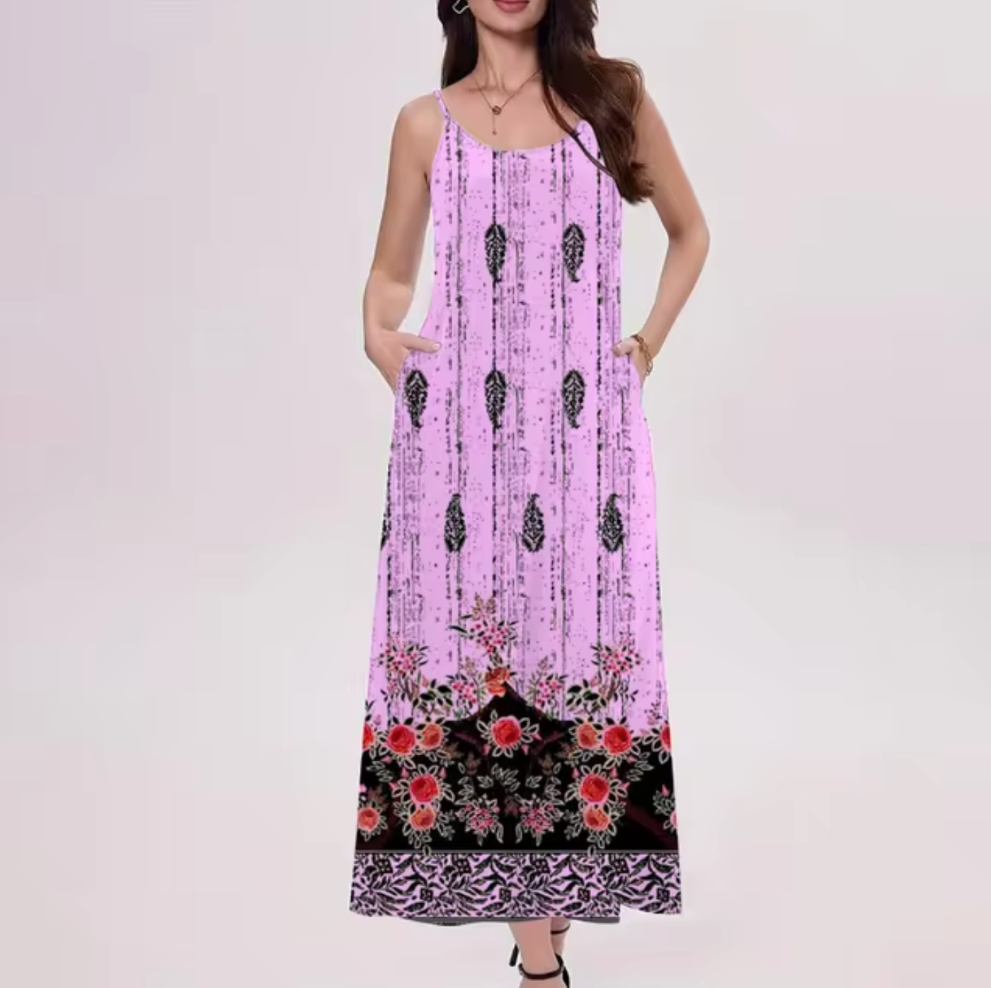 Floral Border Print Spaghetti Strap Scoop Neck Pocket A-Line Maxi Dress