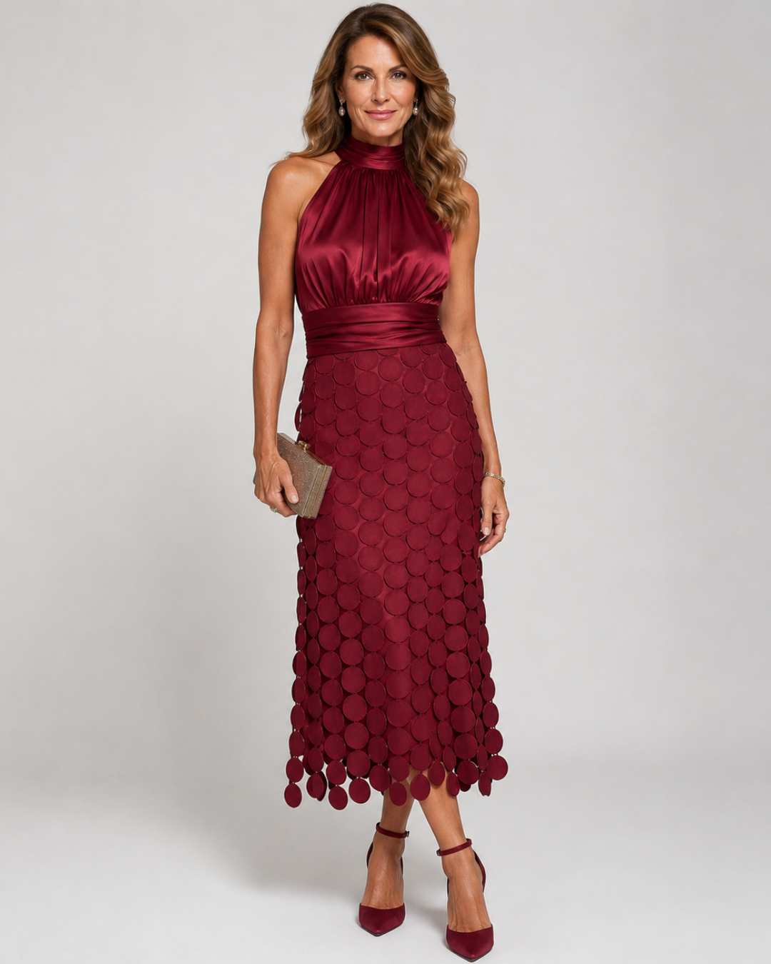 Halter Neck Sleeveless Laser Cut Disc Midi Dress