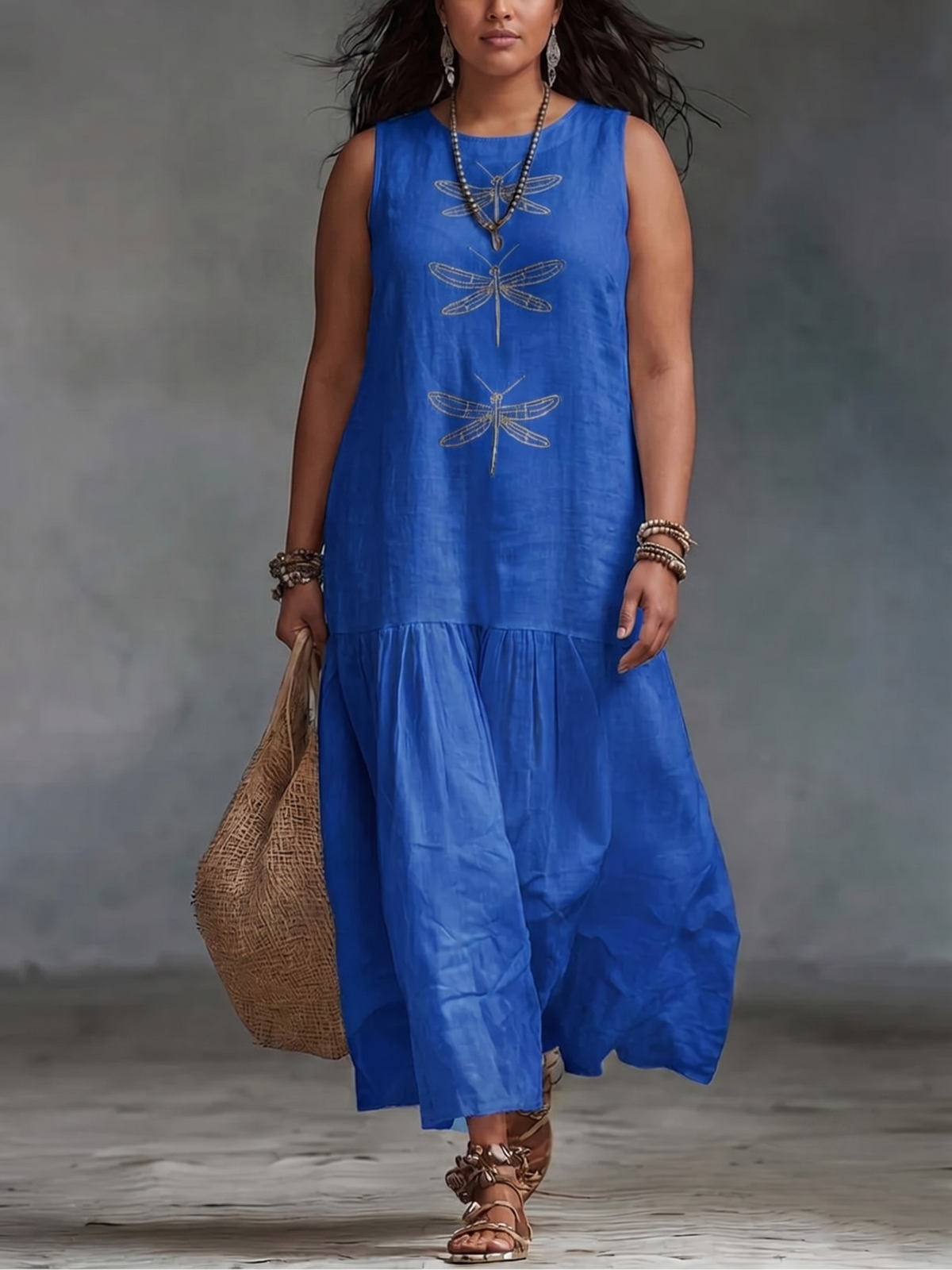 Dragonfly Print Crew Neck Sleeveless Tiered Maxi Dress