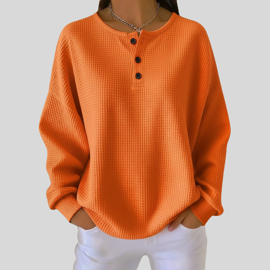 Henley Neck Long Sleeve Waffle Knit Sweatshirt