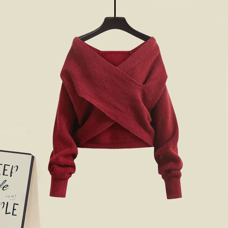 Square Neck Sleeveless A-Line Midi Dress and Cropped Off Shoulder Wrap Knit Sweater Two-Piece Set