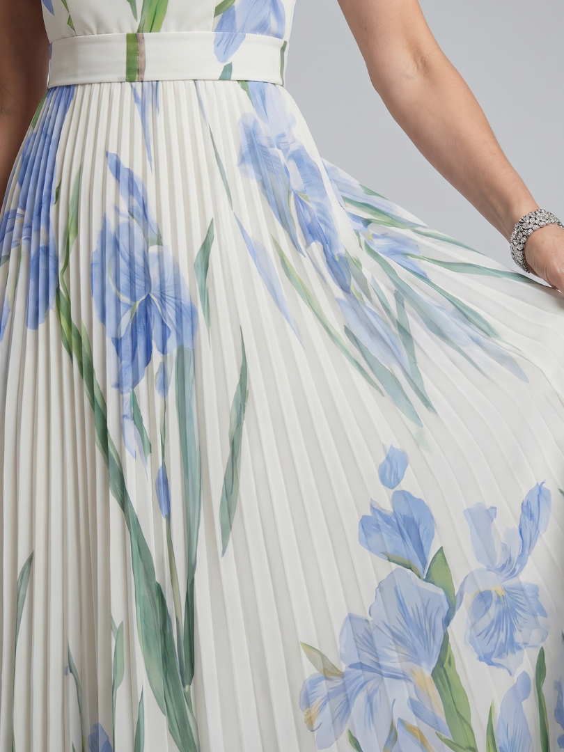 Floral Square Neck Sleeveless Pleated Maxi Dress