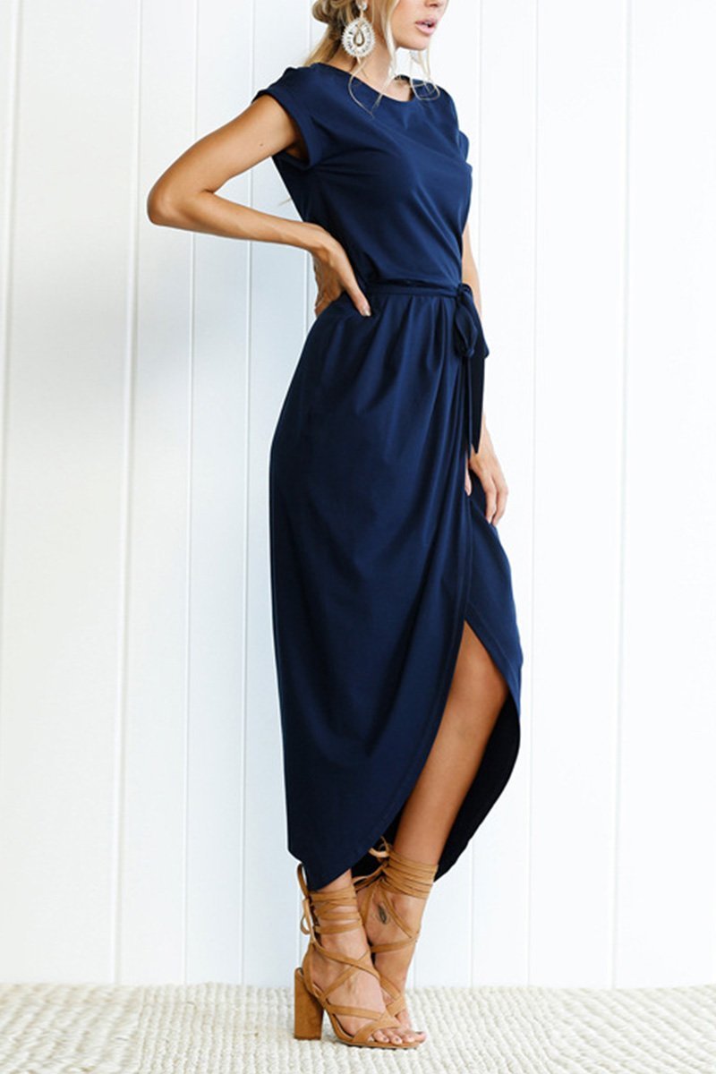 Short Sleeve Tie Waist Wrap Tulip Hem Midi Dress