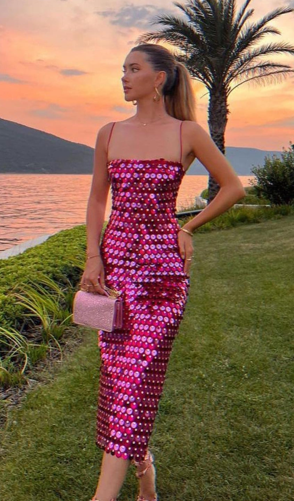 Disc Sequin Spaghetti Strap Square Neck Bodycon Mini Dress