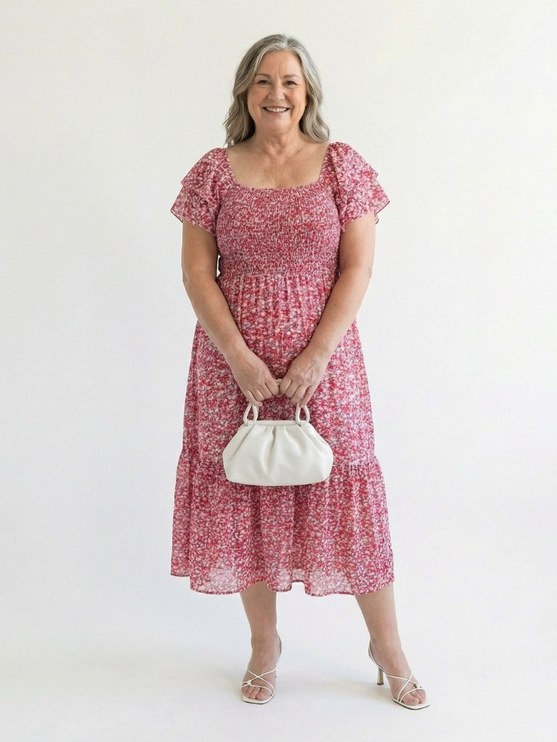 Floral Square Neck Flutter Sleeve Smocked Tiered Midi Dress