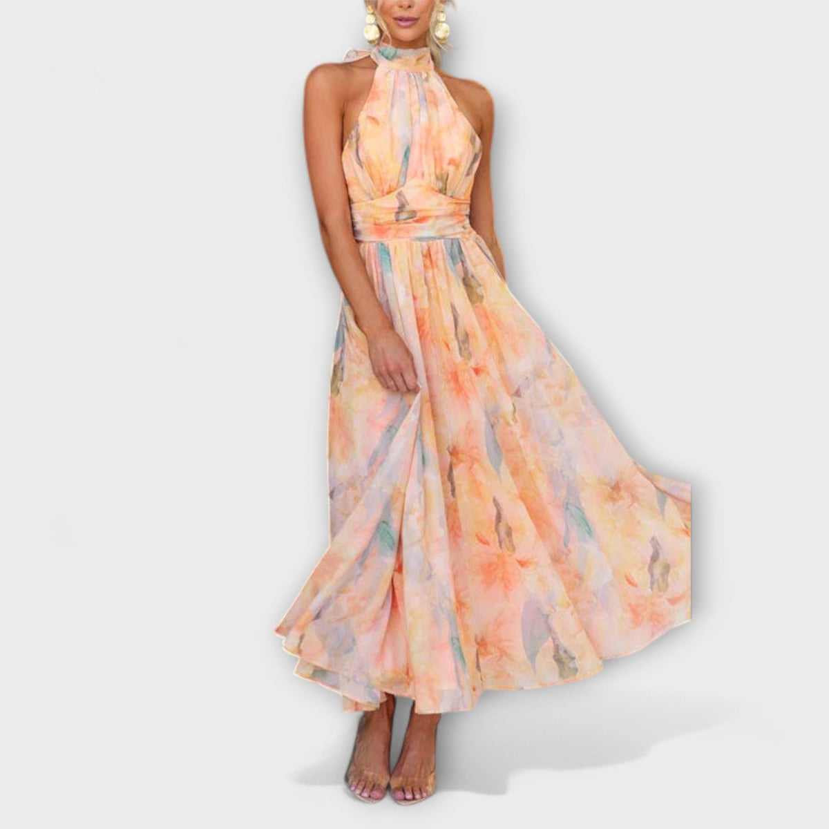 Halter Neck Watercolor Print Open Back Maxi Dress