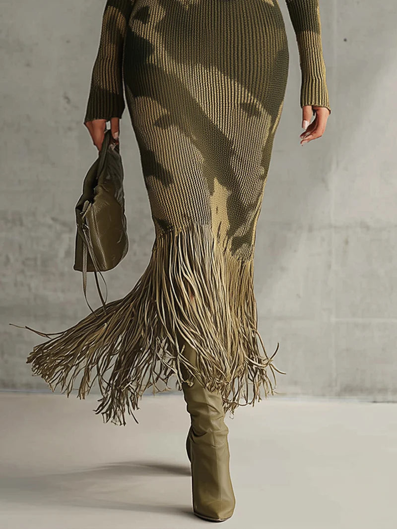 Knit V-Neck Long Sleeve Fringe Hem Bodycon Maxi Dress 3