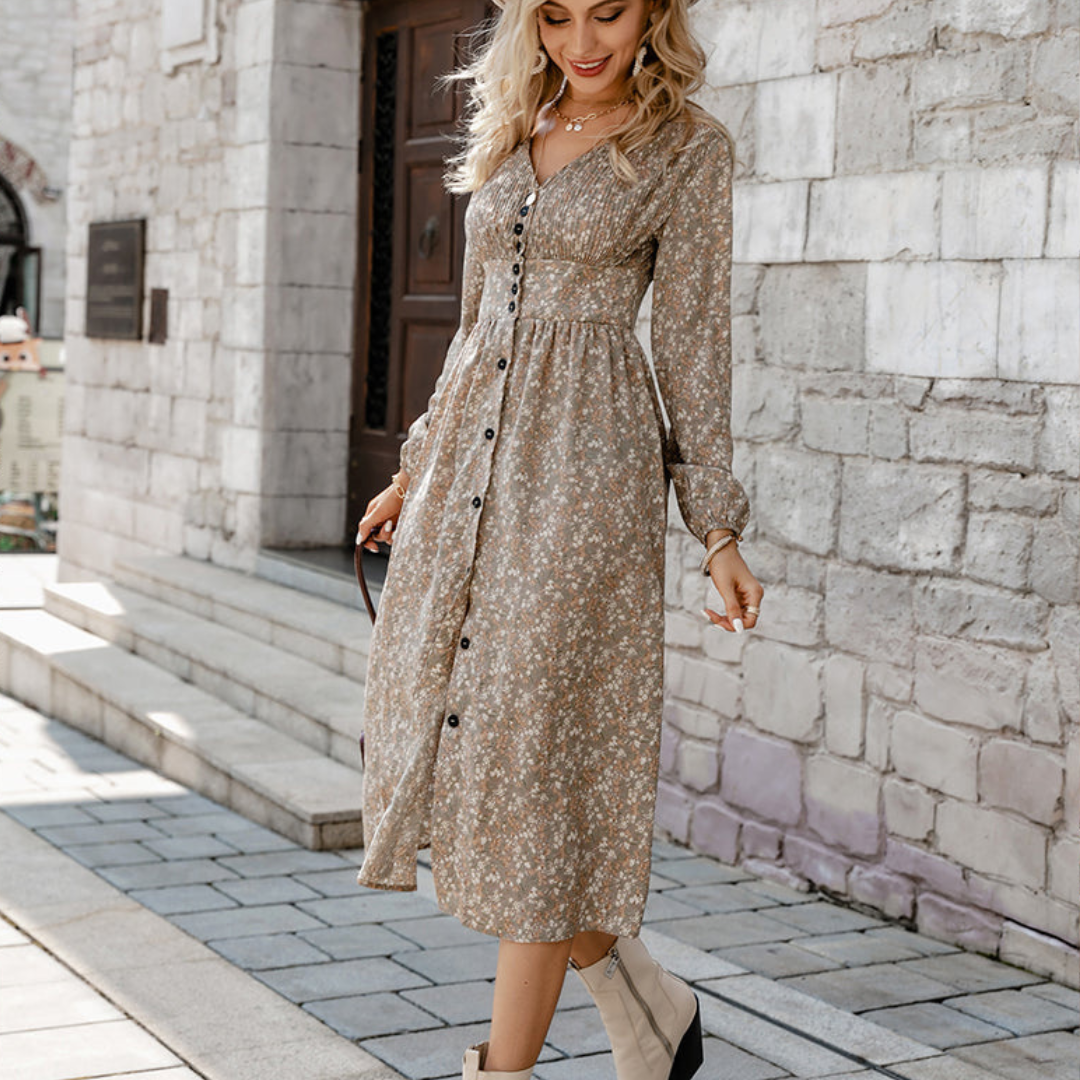 Ditsy Floral V-Neck Button Front Balloon Sleeve Smocked Fit and Flare Midi Summer Dress