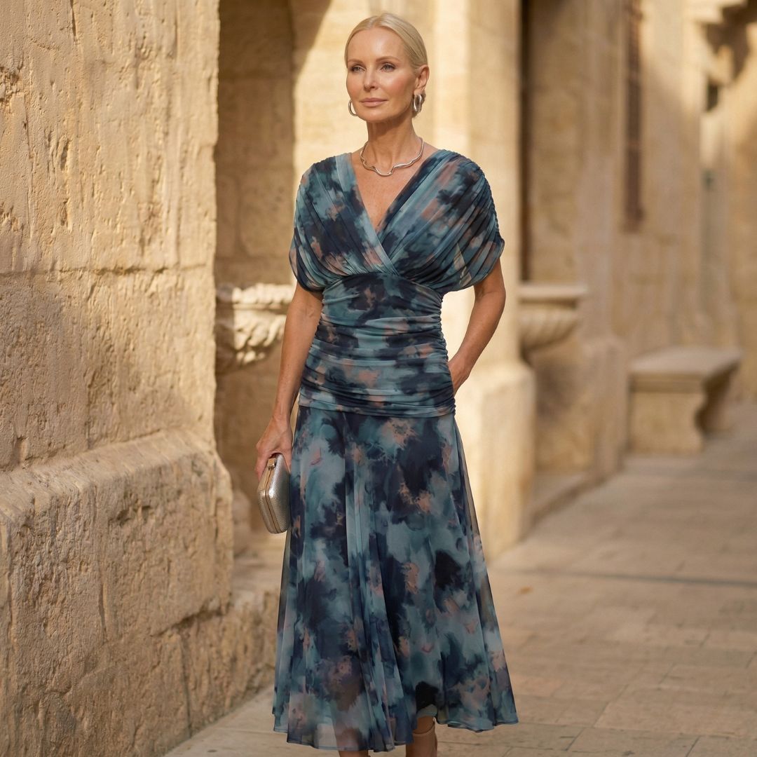 Abstract Print Mesh Ruched V-Neck Midi Dress