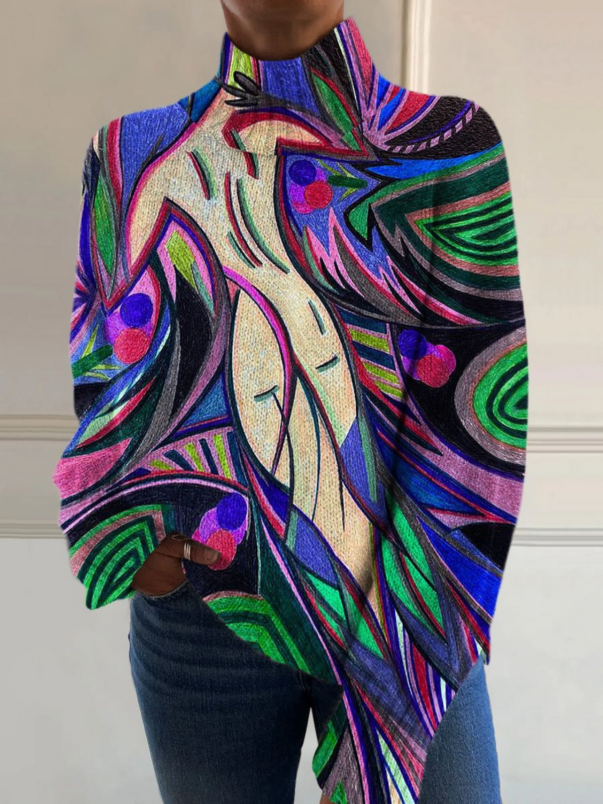 Abstract Print Turtleneck Long Sleeve Sweater