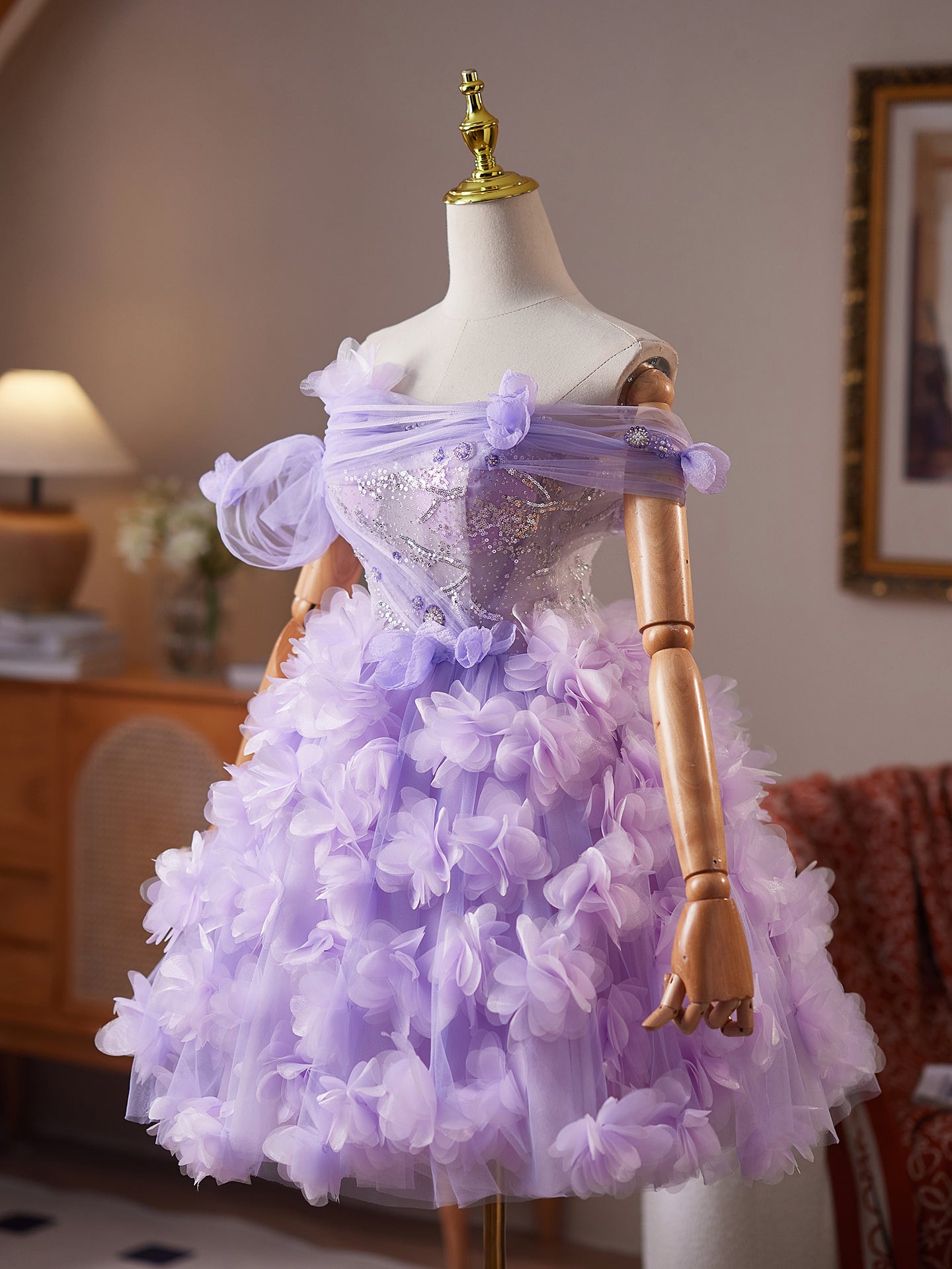 Gorgeous Lilac Tulle Flower Appliques A Line Homecoming Dress with Sequins