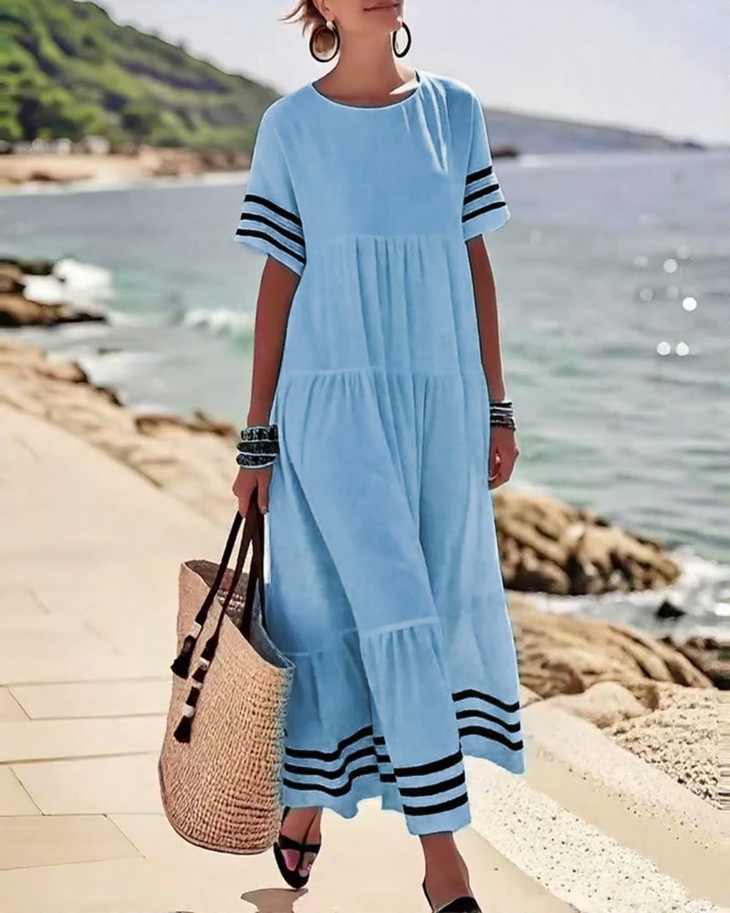 Striped Trim Short Sleeve Tiered Maxi Dress 4