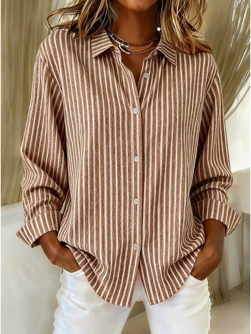 Striped Collared Button Front Long Sleeve Shirt