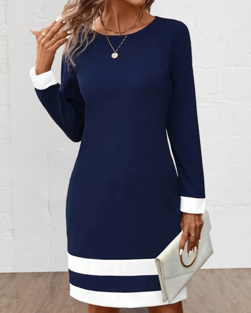 Colorblock Long Sleeve Crew Neck Mini Shift Dress