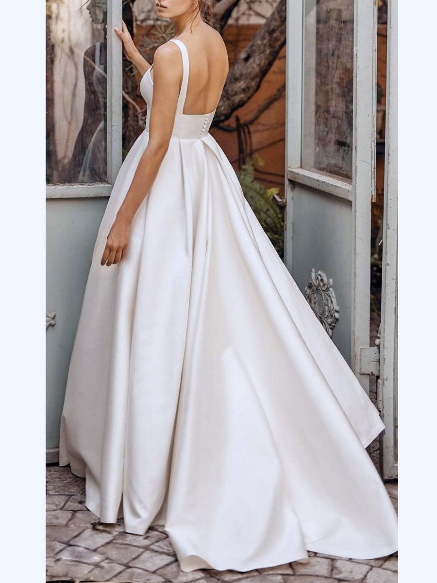 Satin Square Neck Wide Strap Sleeveless Tiered Floor Length Gown