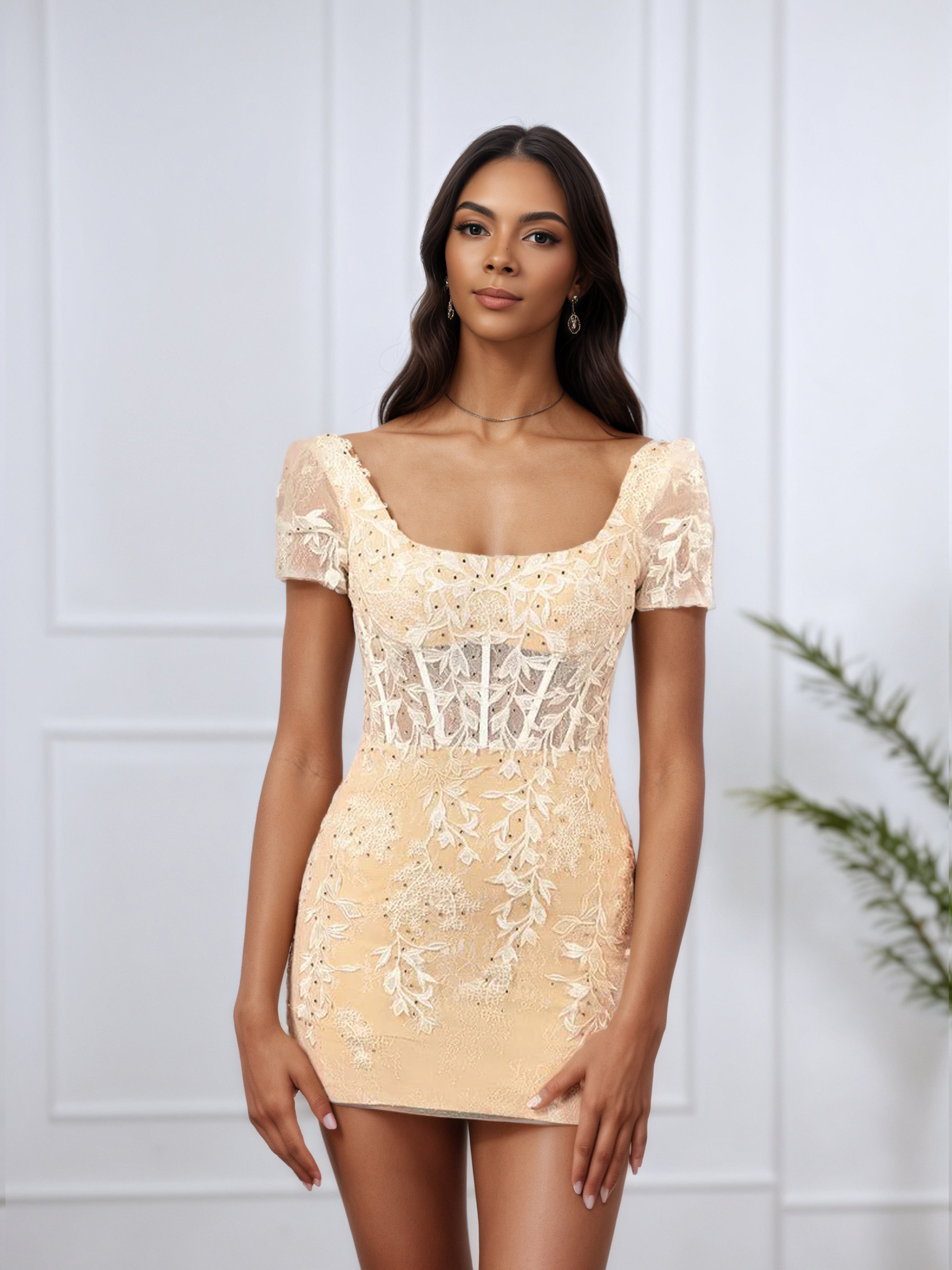Square Neck Short Sleeve Lace Champagne Short Homecoming Dress