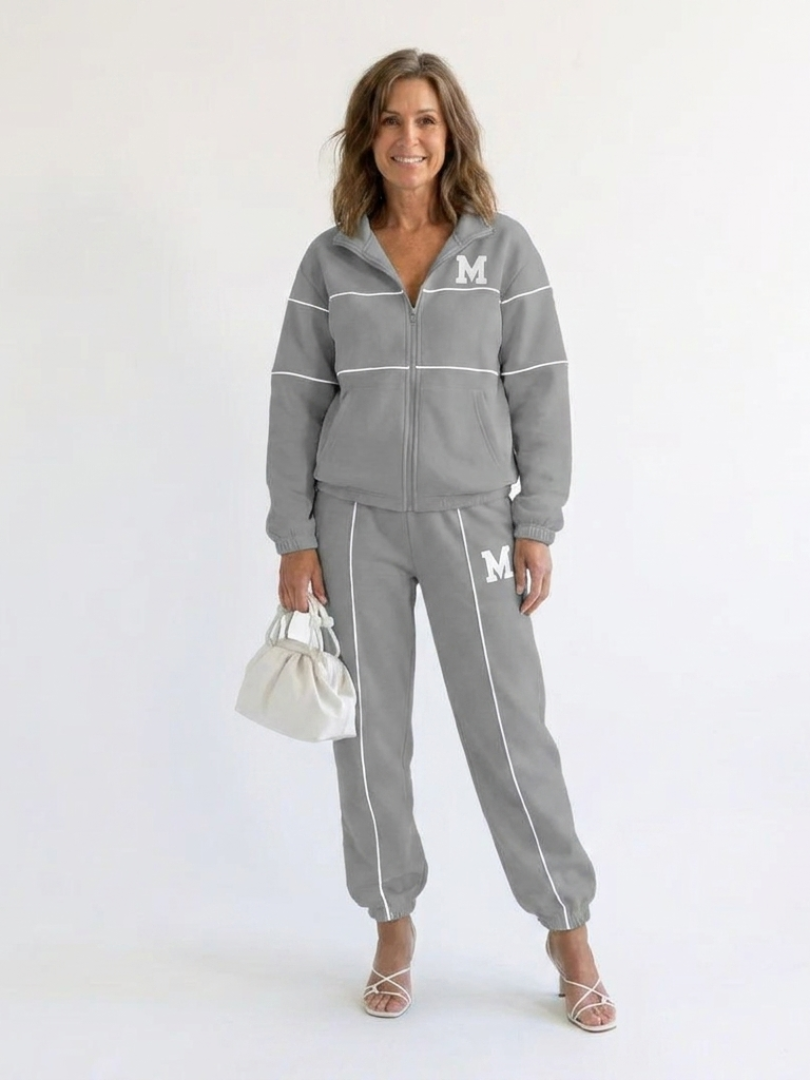 Contrast Piping Zip Front Jacket and Jogger Two Piece Set