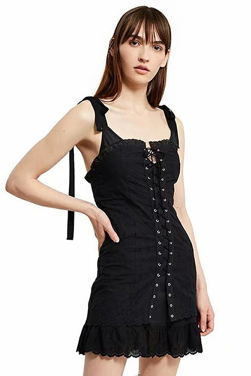 Tie Shoulder Eyelet Lace Up Corset Ruffle Hem Bodycon Mini Dress