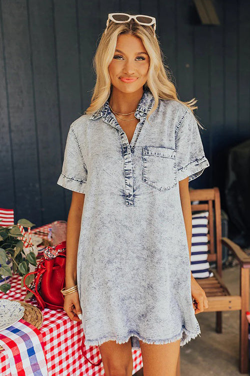 Festival Feelin' Light Wash Short Sleeve Denim Dress - 4 Colors