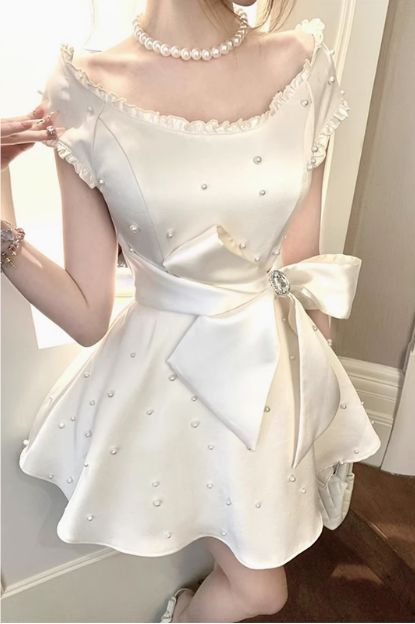 Pearl Satin A-Line Birthday Dress Bow Homecoming Dress