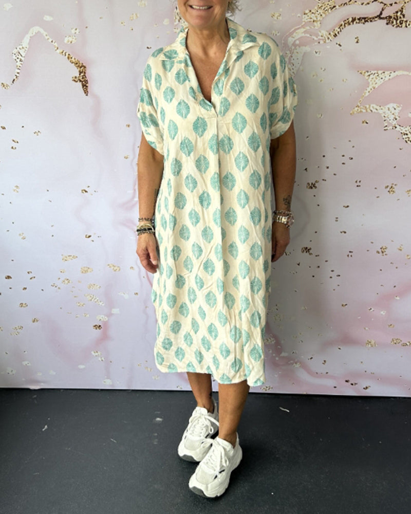 Geometric Print Short Sleeve Lapel Collar Button Down Side Slit Midi Shirt Dress