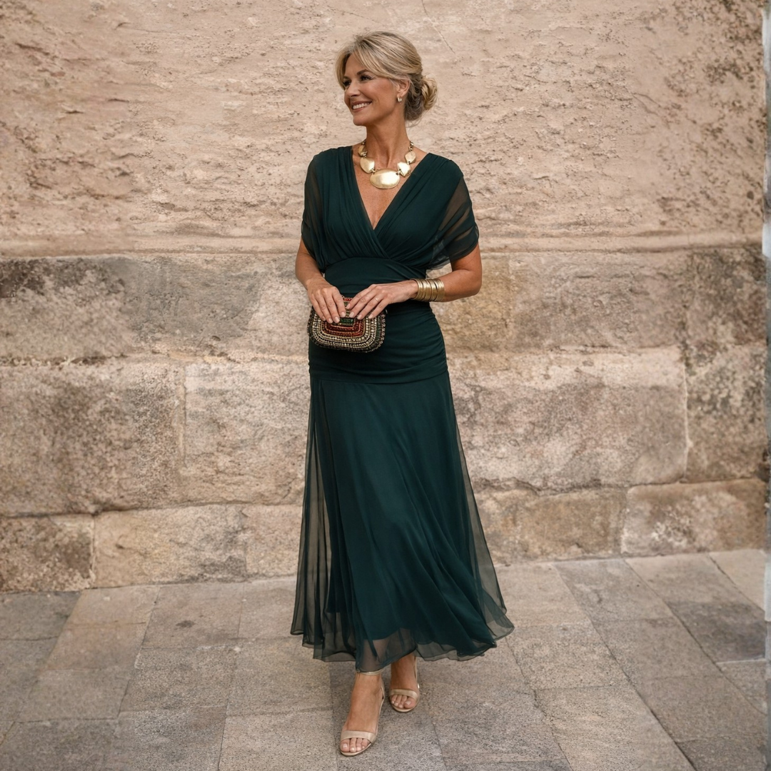 Chiffon V-Neck Ruched Draped Maxi Dress