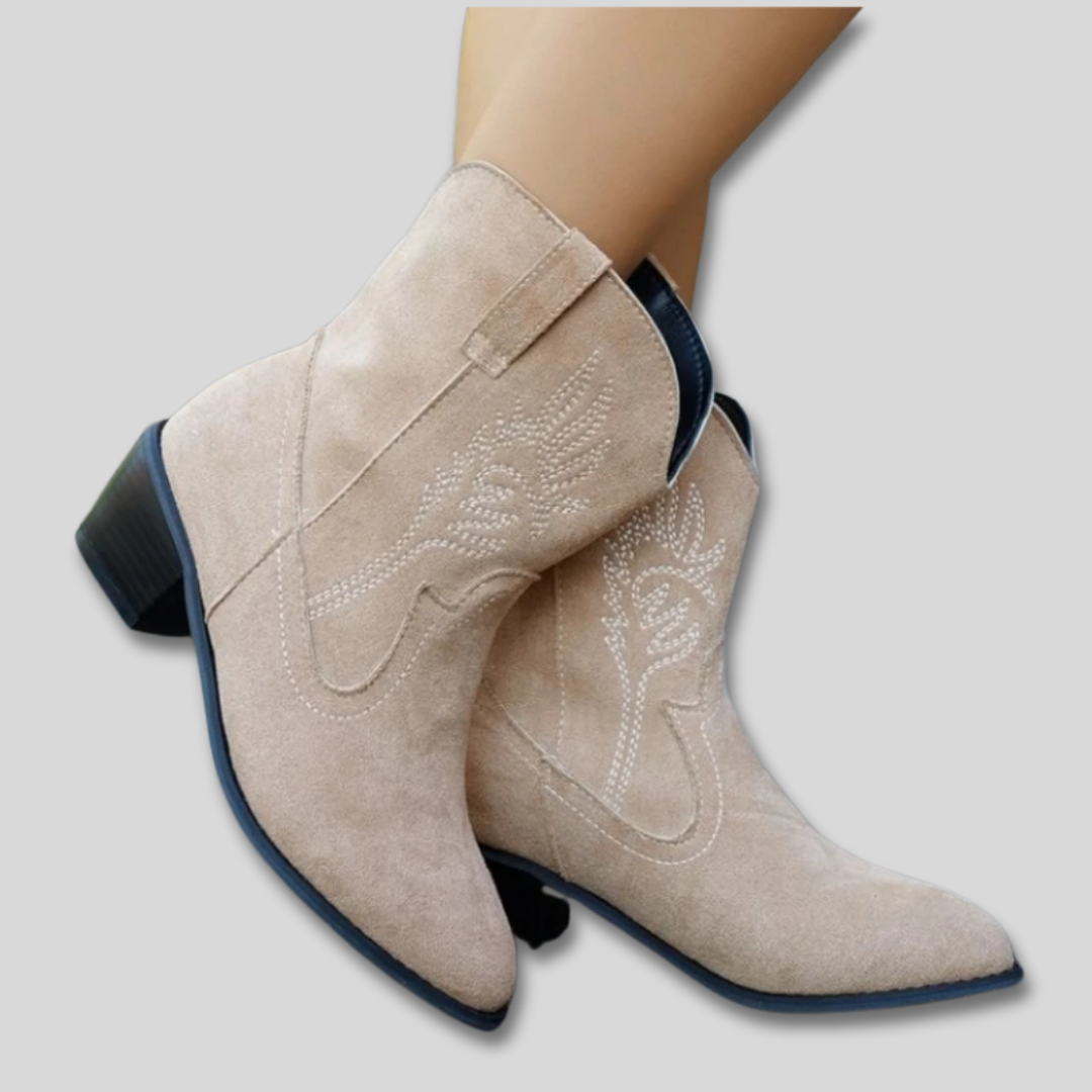 Embroidered Pointed Toe Suede Look Block Heel Western Ankle Boots
