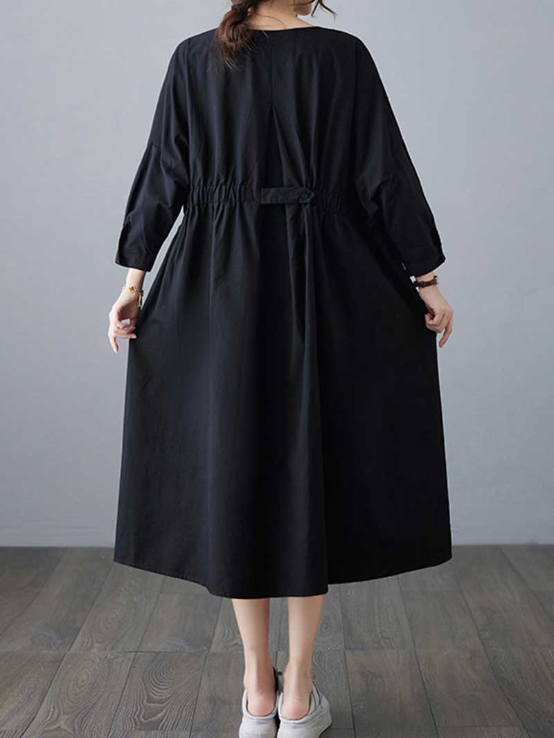 Round Neck Three Quarter Sleeve Gathered Waist Pleated Pocket A-Line Midi Dress