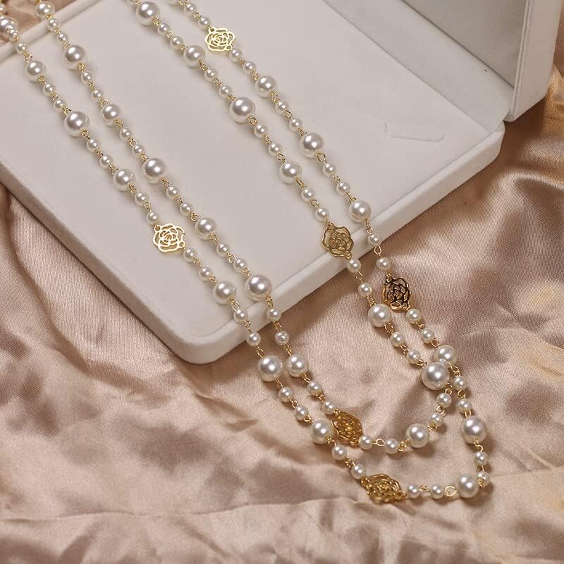 Layered Pearl Beaded Rose Station Long Necklace