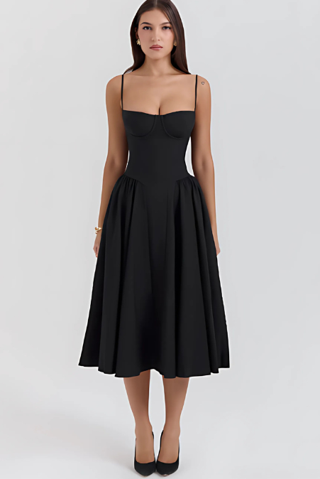 Corset Bodice Strappy Fit and Flare Midi Dress