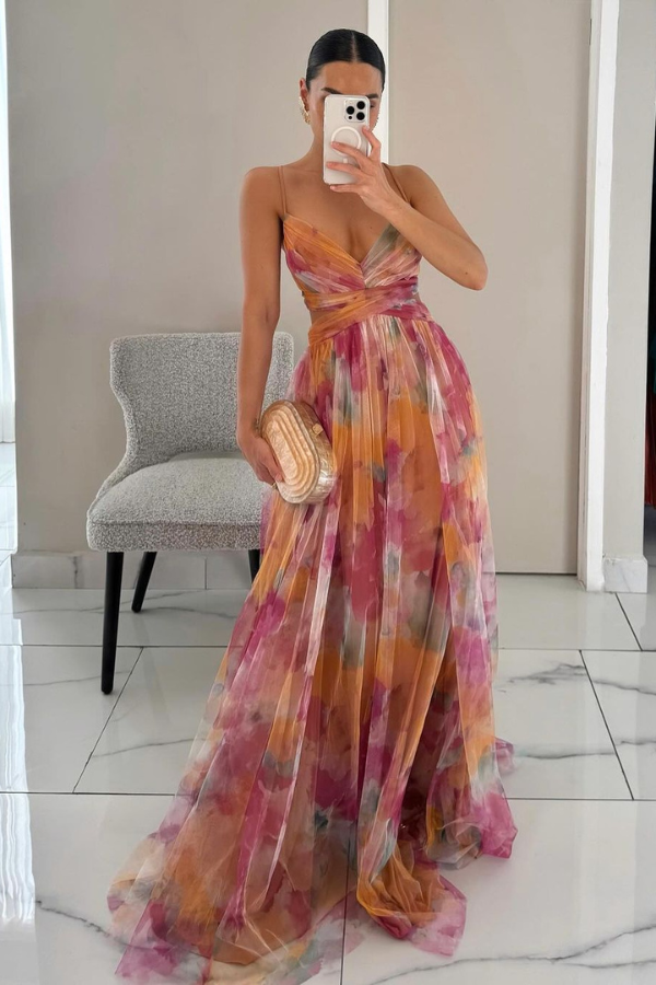 Floral Print Tulle V-Neck Spaghetti Strap High Split Maxi Gown