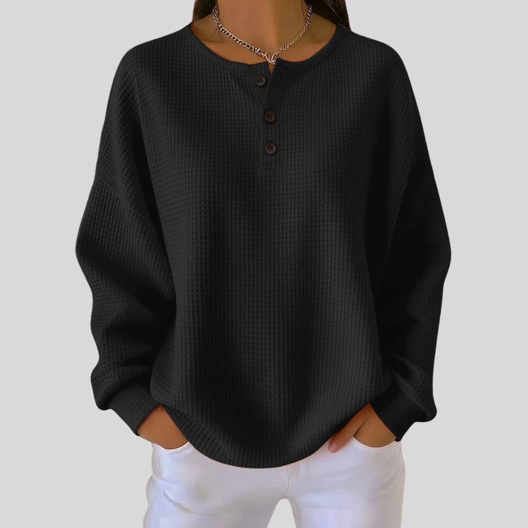Henley Neck Long Sleeve Waffle Knit Sweatshirt