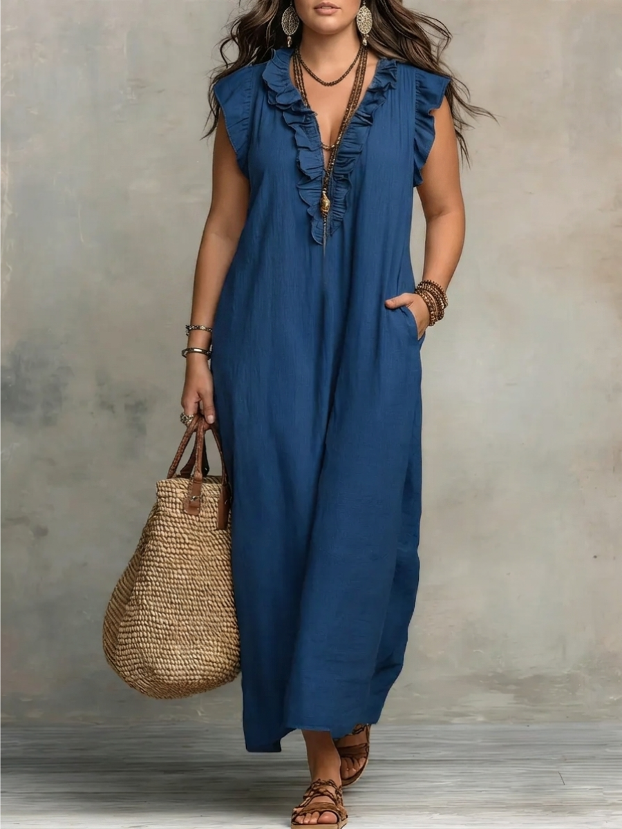 Ruffle V-Neck Sleeveless Pocket Linen Maxi Dress