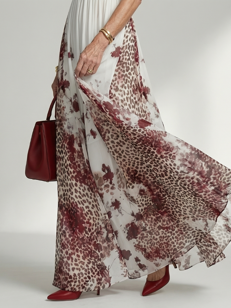 Halter Neck Floral Leopard Print Pleated Maxi Dress