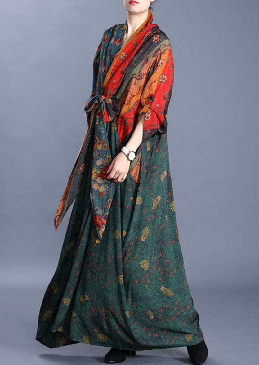 Floral Patchwork V-Neck Knotted Front Long Sleeve Maxi Dress