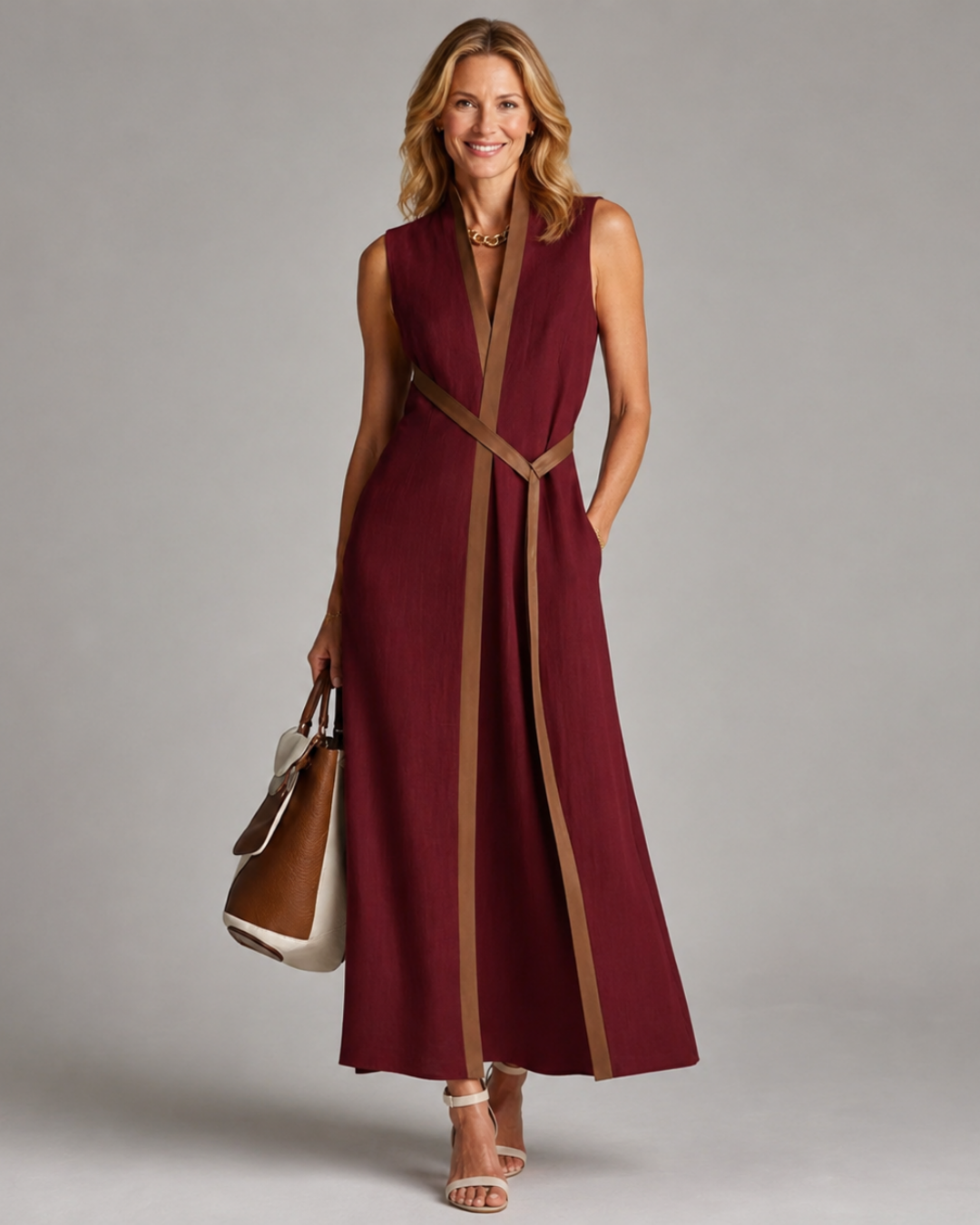 Contrast Trim V-Neck Sleeveless Maxi Dress