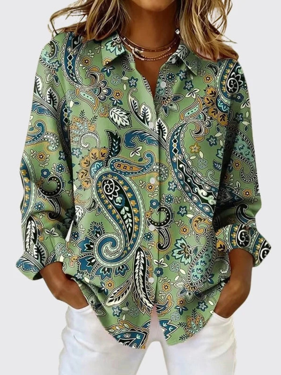 Paisley Print Collared Button Front Long Sleeve Blouse