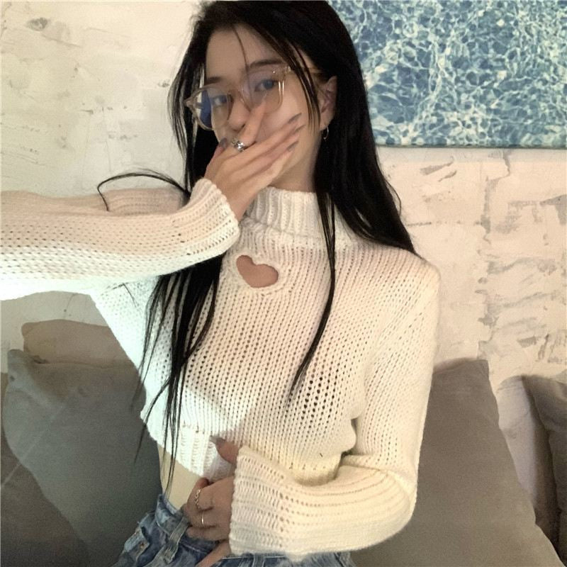 Cute Love Hole Shaped High Neck Cropped Sweater
