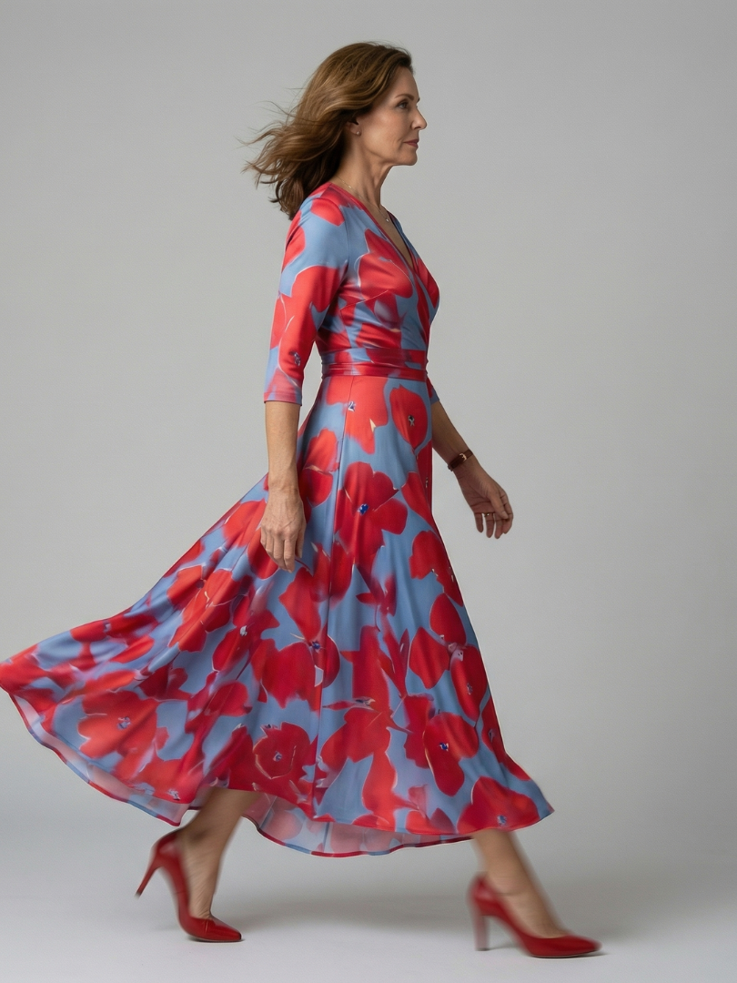 Floral V-Neck Wrap Three Quarter Sleeve Satin Maxi Dress