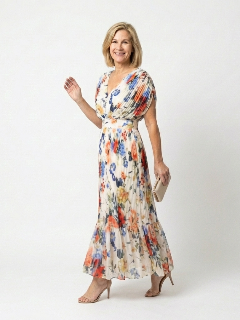 Watercolor Floral V-Neck Pleated Maxi Dress