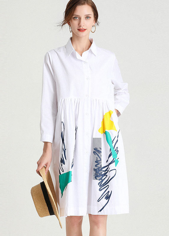 Color Block Graphic Print Collared Button Down Long Sleeve Empire Waist Shirt Dress