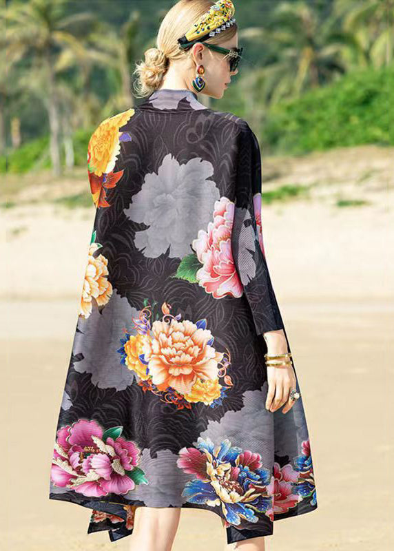 Floral Print Mock Neck Long Sleeve Crinkled Texture A-Line Midi Dress