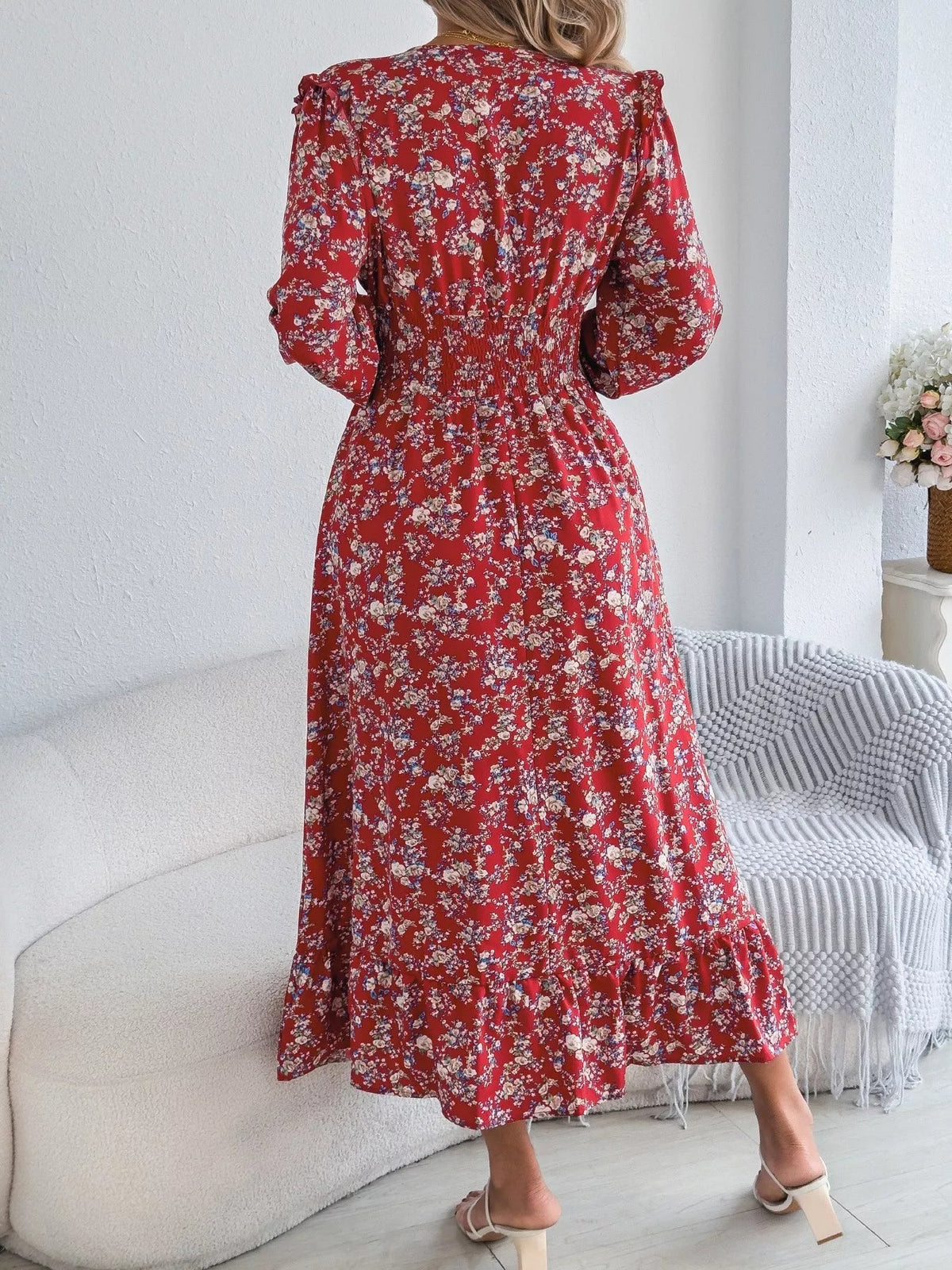 Floral Print Surplice V-Neck Ruffle Shoulder Smocked Waist Tiered Midi Dress 11