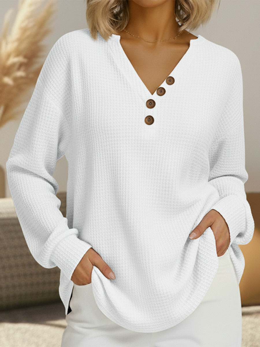 Waffle Knit V-Neck Button Front Long Sleeve Top