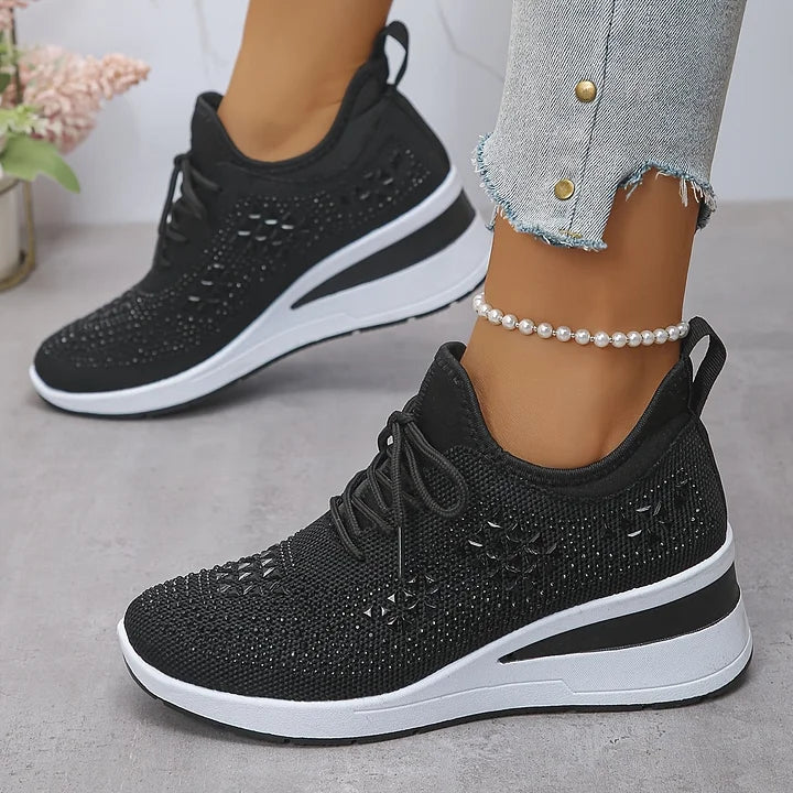 Rhinestone Mesh Lace Up Wedge Sneakers