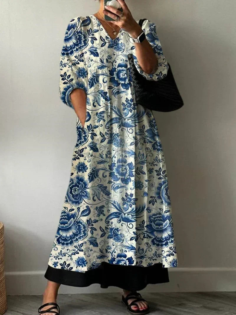 Porcelain Floral Print V-Neck Half Sleeve Contrast Hem Maxi Dress